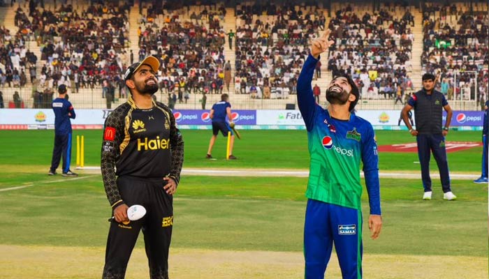 Peshawar Zalmi Captain Babar Azam (left) and Multan Sultan Captain Mohammad Rizwan during the toss ahead of the fifth match of the eighth edition of the Pakistan Super League (PSL) on February 17, 2023. — PSL