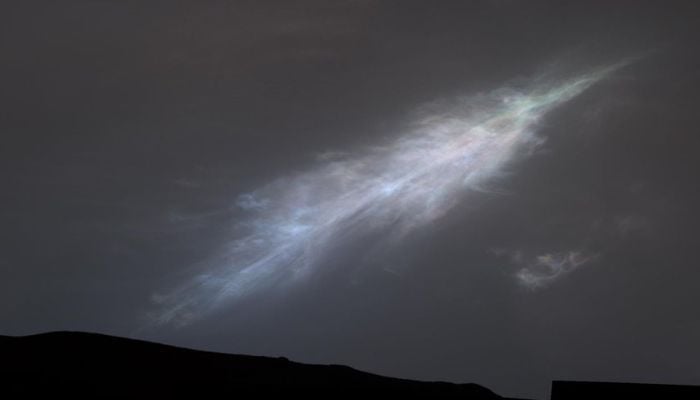 The Curiosity rover captured this feather-shaped iridescent cloud just after sunset on January 27. —NASA