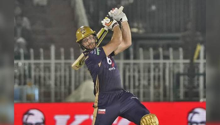 Quetta Gladiators Jason Roy hits a shot during the 25th match of the Pakistan Super League (PSL) at the Pindi Cricket Stadium in Rawalpindi on March 8, 2023. — PSL