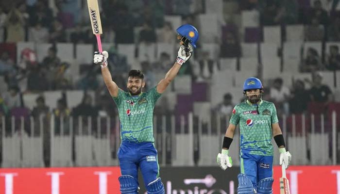 Multan Sultans Usman Khan (left) celebrates during the 28th match of the Pakistan Super League (PSL) at the Pindi Cricket Stadium in Rawalpindi on March 11, 2023. — Twitter/@MultanSultans