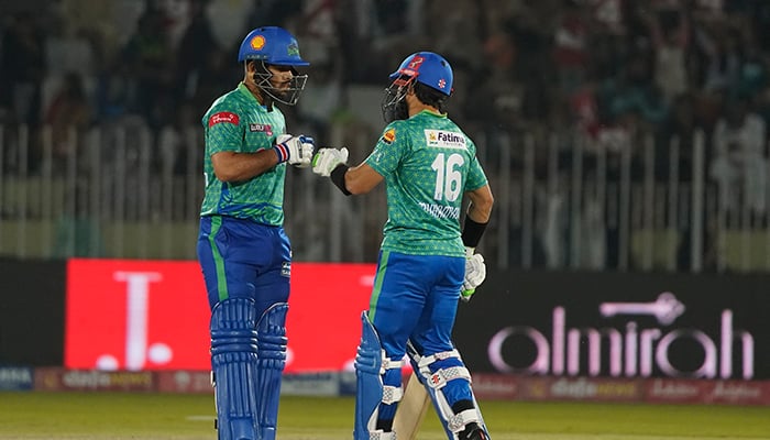 Multan Sultans Usman Khan (left) and Mohammad Rizwan in action during a Pakistan Super League match against Quetta Gladiators in Rawalpindi, on March 11, 2023. — PSL