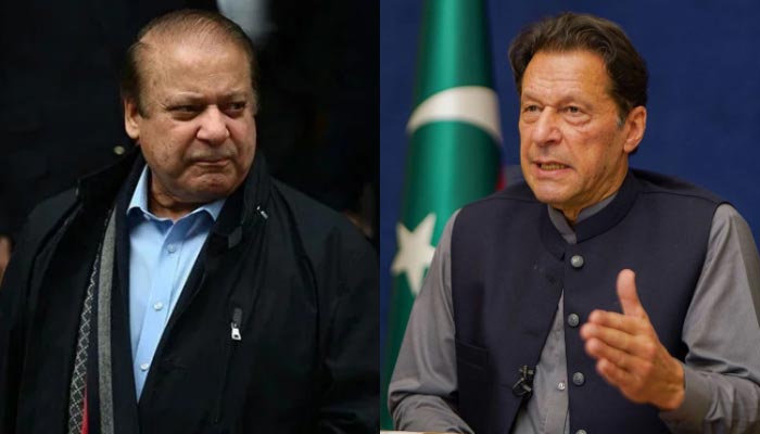 PML-N üst yöneticisi Nawaz Sharif (solda) ve PTI Başkanı Imran Khan'ın tarihsiz görüntüleri.  — Twitter/@pmln_org Instagram/@imrankhan.pti