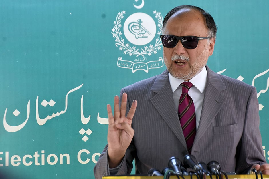Federal minister Ahsan Iqbal addressing a press conference outside Election Commission Pakistan (ECP) in Islamabad, on March 5, 2023. — Online