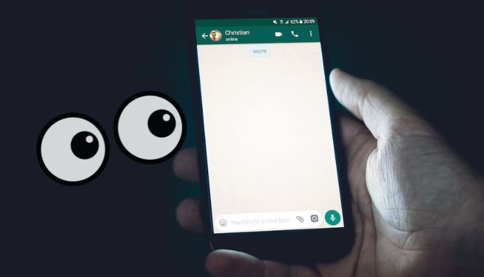 The image shows a person holding a phone with WhatsApp open and googly eyes on the left.— Unsplash, Canva