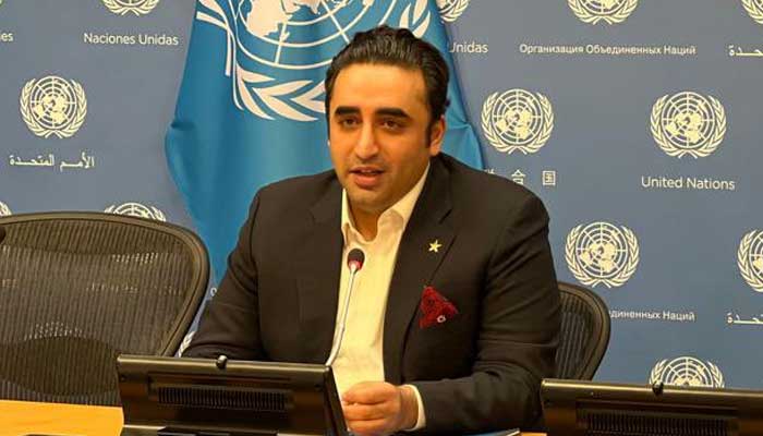 Foreign Minister Bilawal Bhutto-Zardari speaks during a press stakeout at the United Nations headquarters in New York, US. — Twitter/@BBhuttoZardari