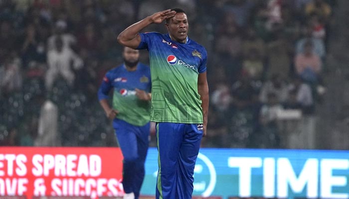 Multan Sultans Sheldon Cottrell celebrates in his unique style after claiming two wickets in a single over a thrilling qualifier at the Gaddafi Stadium in Lahore on March 15, 2023. — Twitter/@MultanSultans