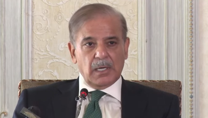 Prime Minister Shehbaz Sharif addresses a meeting with the delegation of Council of Pakistan Newspapers Editors in Islamabad, on March 15, 2023, in this still taken from a video. — YouTube/PTVNewsLive