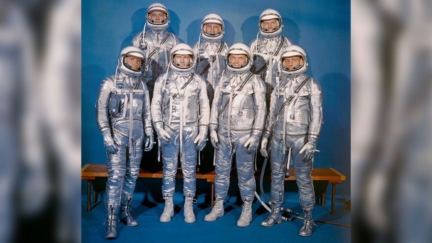 The seven men wearing spacesuits in this portrait made up the first group of astronauts announced by the National Aeronautics and Space Administration (NASA).— NASA