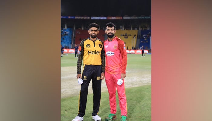 Shadab Khan and Babar Azam at the toss during their sides PSL match at Gaddaffi Stadium Lahore