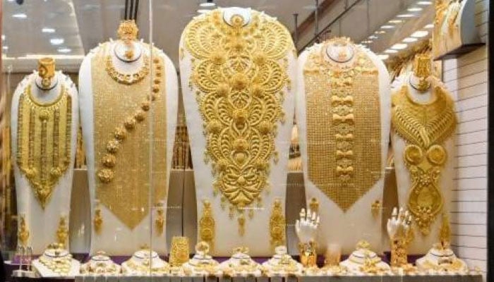 An undated image of gold jewellery displayed at a store. — AFP/File