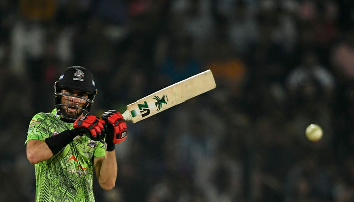 Lahore Qalandars Shaheen Shah Afridi plays a shot during the PSL T20 cricket final match between Lahore Qalandars and Multan Sultans at the Gaddafi Cricket Stadium in Lahore on March 18, 2023. — AFP