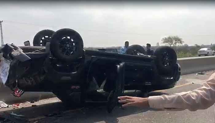 Vehicles in Imran Khan's convoy crashes near Kallar Kahar, on March 18, 2023, in this still taken from a video. — Geo.tv/Jawad Malik