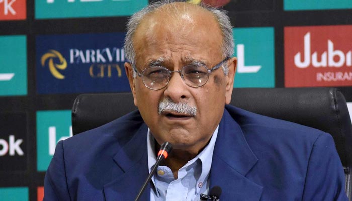 PCB Management Committee Chairman Najam Sethi speaking to the media persons during a press conference at Gaddafi Stadium on March 18, 2023. — APP