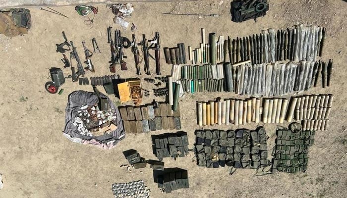 Image of weapons and ammunition including rockets, fuzes, sub machine and heavy machine guns and ammunition recovered during an extensive search and sanitisation operation in Balochistan’s Chaman area on March 19, 2023. — ISPR