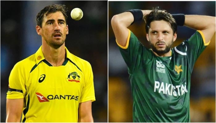 An undated image of Australian pace spearhead Mitchell Starc (left) and Pakistan great Shahid Afridi. — AFP/File