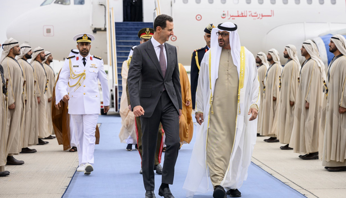 Syrian President Bashar al-Assad (left) welcomed by UAEs president Sheikh Mohamed bin Zayed Al Nahyan in Abu Dhabi on March 19, 2023. — Twitter/MohamedBinZayed