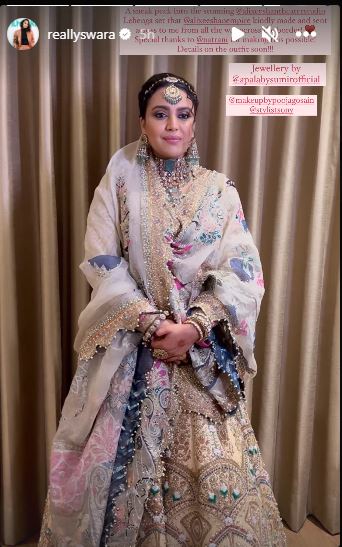 Swara Bhasker opts for Pakistani designer lehenga at her wedding reception