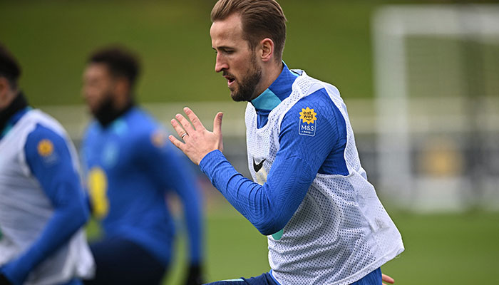 England´s striker Harry Kane attends a team training session at St George´s Park in Burton-on-Trent, central England, on March 21, 2023 ahead of of their UEFA EURO 2024 qualifier football match against Italy. AFP