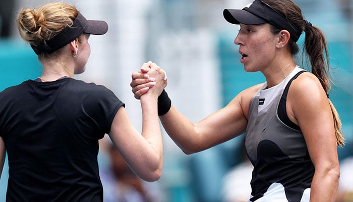 Jessica Pegula of the United States shakes hands at the net after her straight sets victory against Katherine Sebov of Canada in their first round match at Hard Rock Stadium on March 23, 2023 in Miami Gardens, Florida. AFP