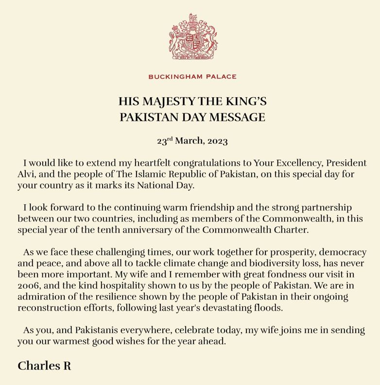 King Charles wishes peace to Pakistan on 23th March celebrations