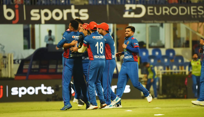 Fazalhaq Farooqi and Co celebrate during a T20I match against Pakistan in Sharjah, UAE, on March 24, 2023. — Afghanistan cricket