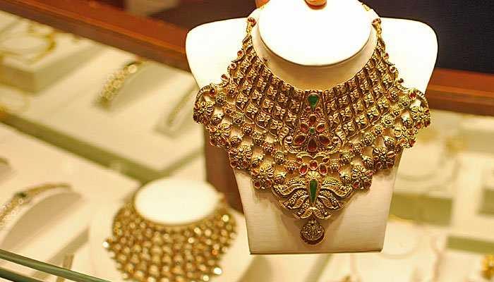 An undated image of a gold set displayed at a jewellery store. — AFP/File
