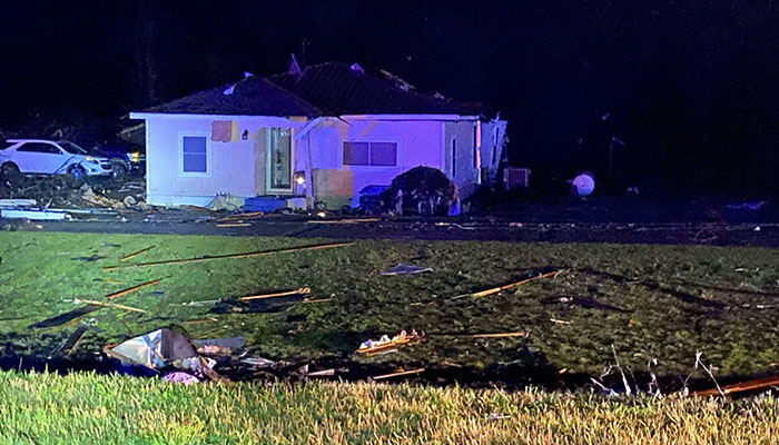 This image obtained from the Mississippi Highway Patrol, Troop D, shows a damaged home near Silver City, Mississippi, after a tornado touched down in the area March 25, 2023.—AFP