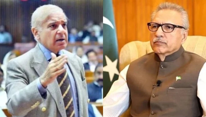 Undated photos of Prime Minister Shehbaz Sharif (left) addressing the National Assembly and President Arif Alvi pictured in President House. — AFP/ APP