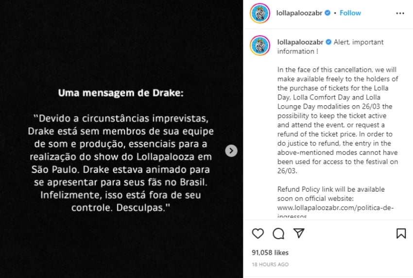 Drake misses Lollapalooza Brazil hours before headlining set, fans react in anger