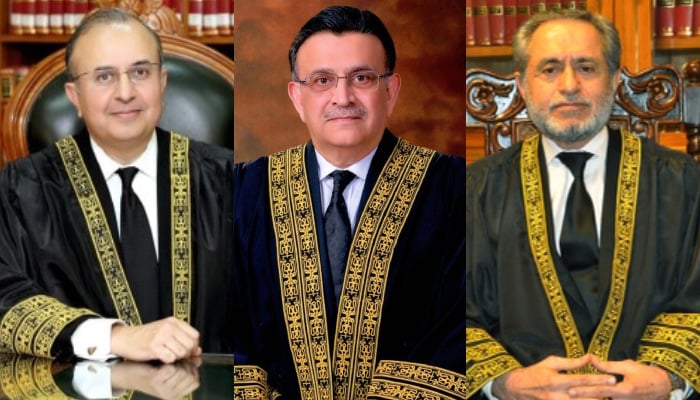 (L to R) Justice Syed Mansoor Ali Shah, Chief Justice of Pakistan Umar Ata Bandial, and Justice Jamal Khan Mandokhail. — Supreme Court of Pakistan website