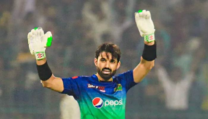 Mohammad Rizwan acknowledges the crowd after reaching his century in a match of the Pakistan Super League (PSL) on February 22, 2023. — PCB
