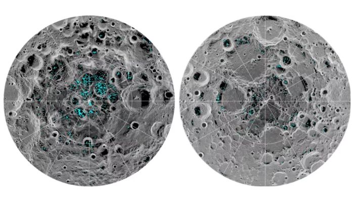(Represenational) This image shows the distribution of surface ice at the moon’s south pole (left) and north pole (right), as detected by NASA’s Moon Mineralogy Mapper instrument, which flew aboard India’s Chandrayaan-1 spacecraft. Blue represents ice locations, and the gray scale corresponds to surface temperature, with darker gray representing colder areas and lighter shades indicating warmer ones.— NASA