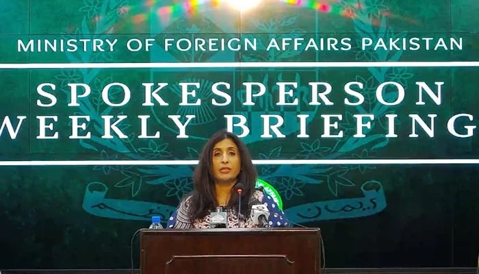 Foreign Office spokesperson Mumtaz Zahra Baloch addresses a weekly press briefing in Islamabad in this file photo. — Facebook/ foreignofficepk