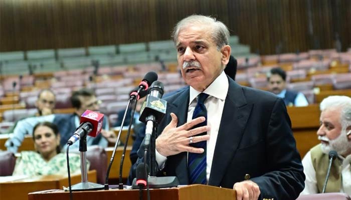 Prime Minister Shehbaz Sharif addresses the National Assembly session in Islamabad on March 28, 2023. — PID