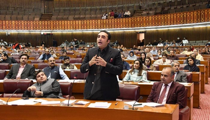Foreign Minister Bilawal Bhutto-Zardari speaks during the National Assembly session in Islamabad on March 29, 2023. — Twitter/@NAofPakistan
