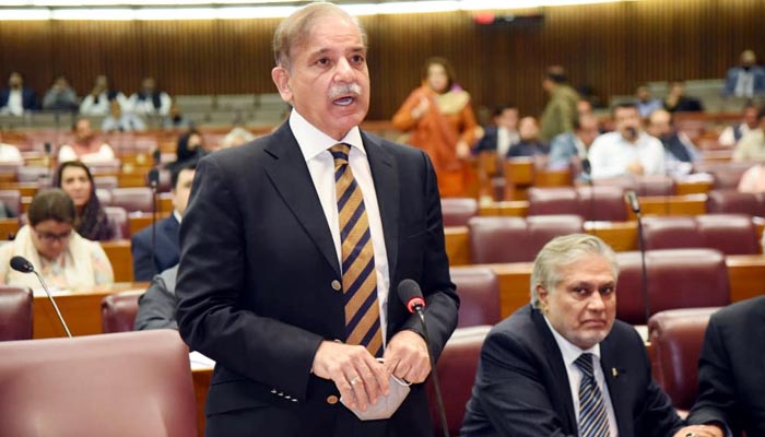 Prime Minister Shehbaz Sharif addresses the members of the National Assembly in Islamabad on March 29, 2023. — PID