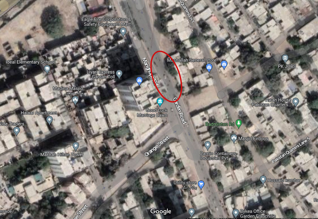 The area where Dr Birbal Genani was shot dead in Karachi, on March 30, 2023. — Google Maps