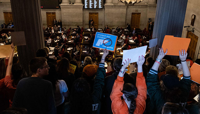 NASHVILLE, TN - MARCH 30: Protesters gather inside the Tennessee State Capitol to call for an end to gun violence and support stronger gun laws on March 30, 2023 in Nashville, Tennessee.—AFP