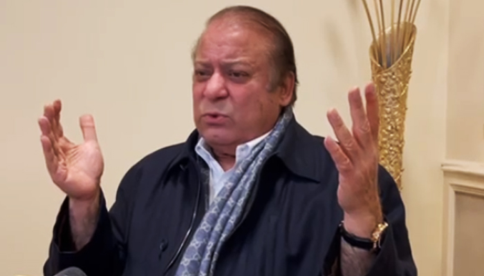 Former prime minister Nawaz Sharif addresses a press conference in London, on March 31, 2023, in this still taken from a video. — Author