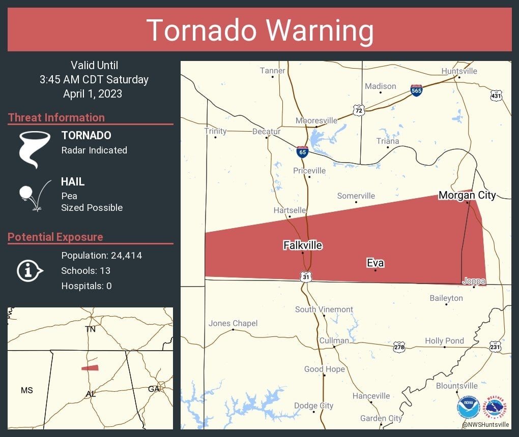 Tornado Warning including Falkville AL, Eva AL and Morgan City AL until 3:45 AM CDT.— Twitter/@NWStornado