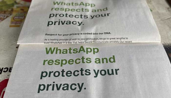 WhatsApps privacy advertisement seen on a newspapers page. — AFP/File