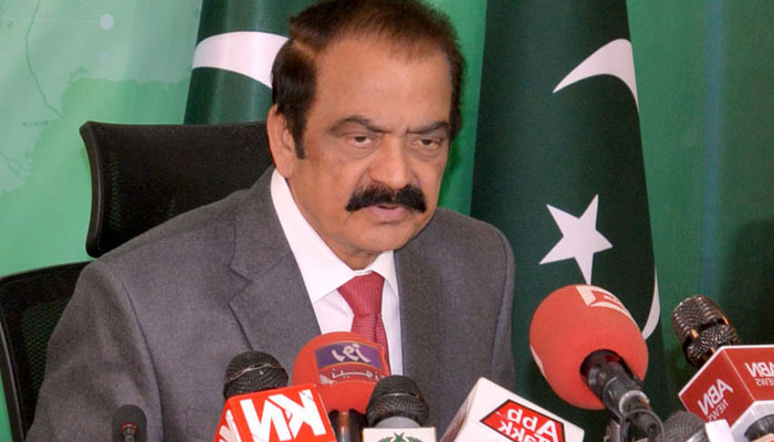 Interior Minister Rana Sanaullah addressing a press conference at PTV headquarters on March 6, 2023. APP