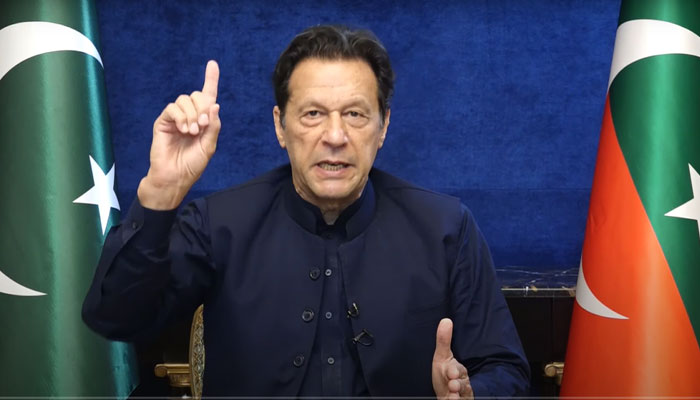 Pakistan Tehreek-e-Insaf Chairman Imran Khan making a video-link address on April 1, 2023. Screengrab of a YouTube video.