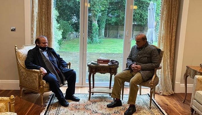 Prime Minister Shehbaz Sharif (left) calls on PML-N supremo Nawaz Sharif at the Avenfield apartment in London, on May 11, 2022. — Supplied