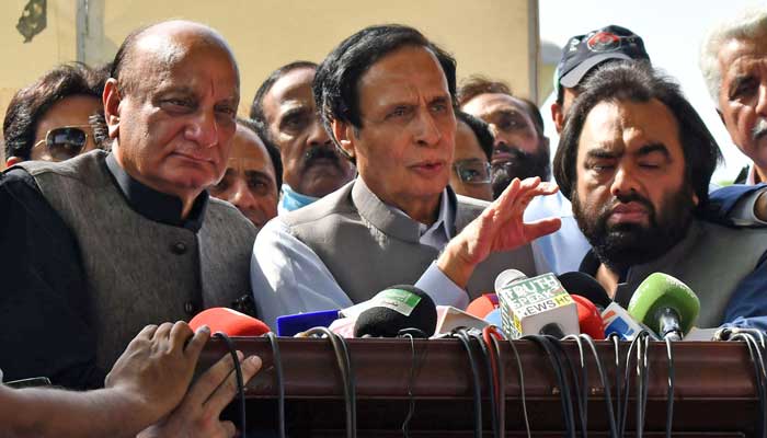 PTI President Chaudhry Parvez Elahi addresses a press conference outside Punjab Assembly in Lahore on April 3, 2022. — Online