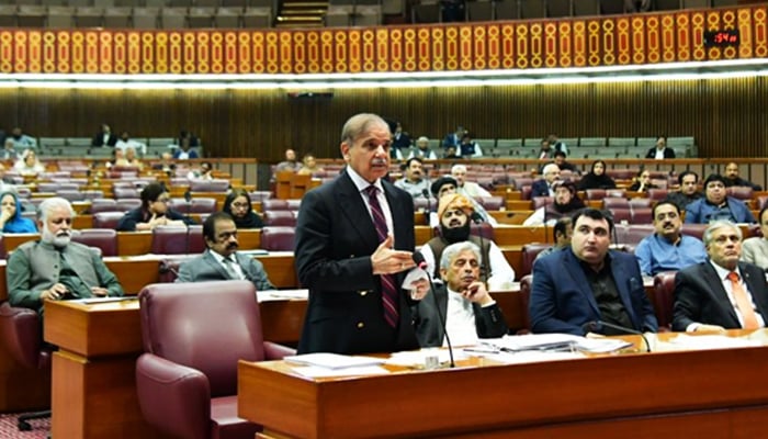 Prime Minister Shehbaz Sharif speaks during a National Assembly session in Islamabad, on April 3, 2023. — APP