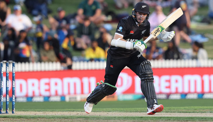 New Zealands Tom Latham bats during the third one-day international between New Zealand and Sri Lanka at Seddon Park in Hamilton on March 31, 2023. — AFP