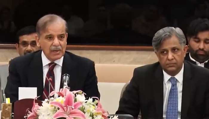 Prime Minister Shehbaz Sharif speaks during the parliamentary partys meeting in Islamabad on April 4, 2023. — Twitter/@GovtofPakistan