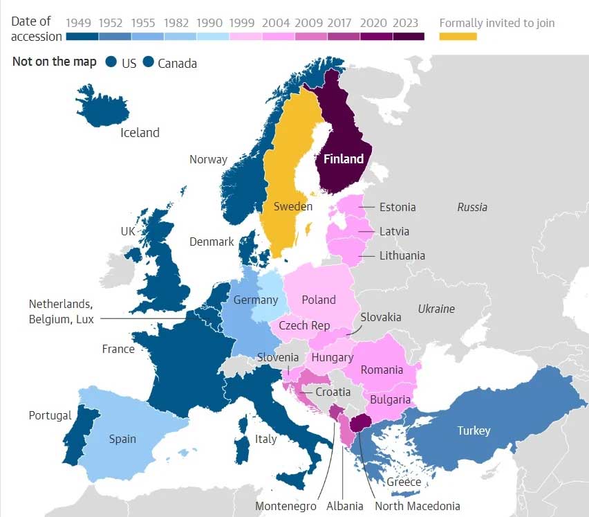 Finland and its eastern neighbour share a 1,340 km (832 mi) border, as seen in the map of Finland and Russia.— Nato via The Guardian