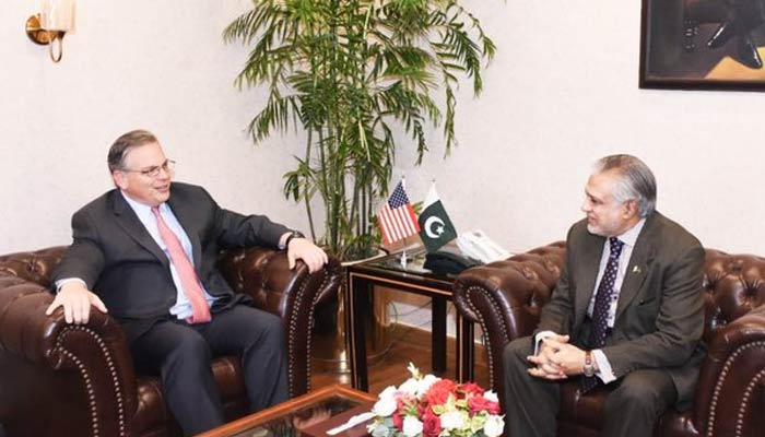 US Ambassador to Pakistan Donald Blome (left) meets Finance Minister Ishaq Dar in Islamabad, on April 6, 2023. — Twitter/@FinMinistryPak